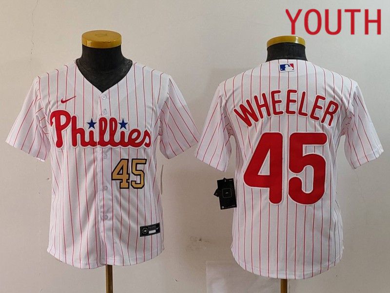 Youth Philadelphia Phillies #45 Wheeler White stripe Nike Game 2024 MLB Jersey style 2